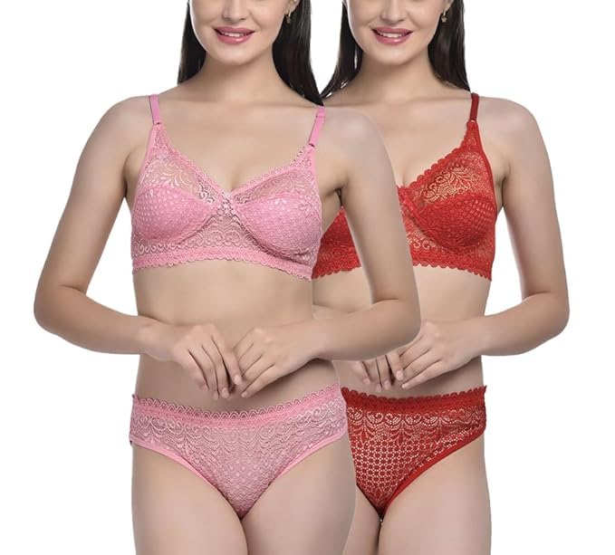 Womens Net Lingerie Set for Honeymoon, Bridal Bra Panty Set of 5 Pieces, Pink, Blue, White, Black, Red-image-38