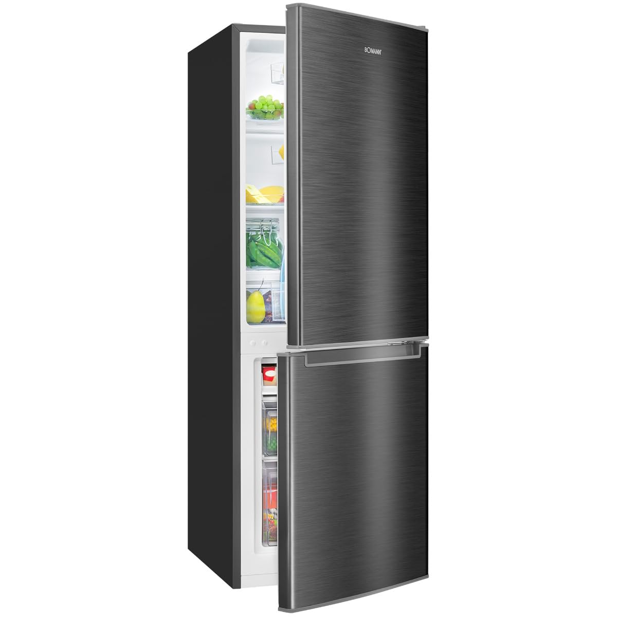 Bomann, Réfrigérateur et Congélateur 173L KG7359-Noir, 121L Réfrigérateur, 52L Congélateur 4 Étoiles, Contrôle Température, Éclairage LED, Design Réversible, Idéal pour Cuisine Moderne