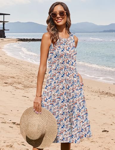 Image of HOTOUCH Summer Casual Dresses for Women Sleeveless Midi Dress Swing Tank Sundress Pleated Tshirt Dress with Pockets