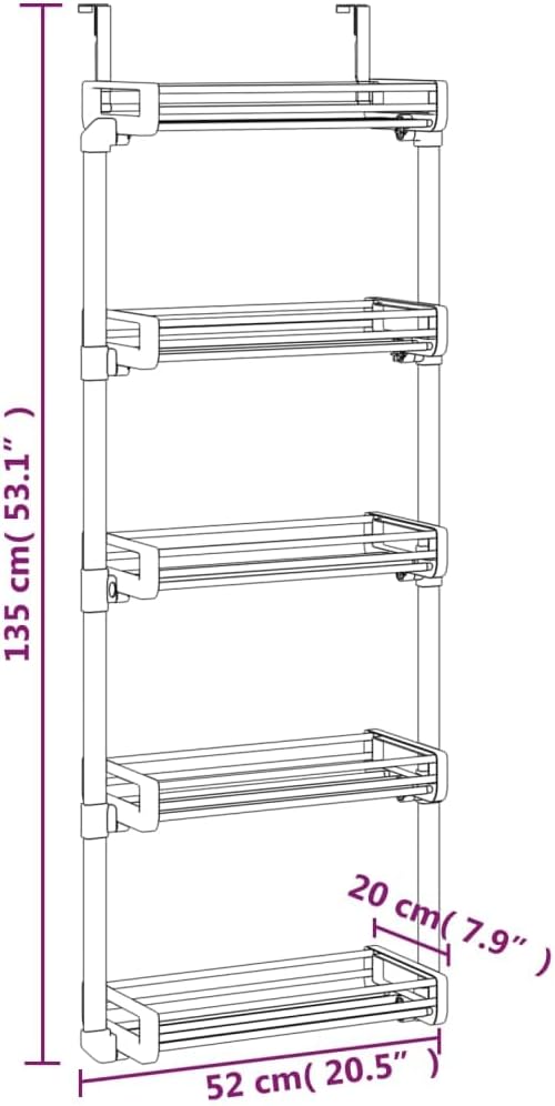 Silver Anodized Aluminum Door Organizer, 5-Tier Space Saving Storage Shelf for Bathroom Kitchen, 7.9x20.5x53.1 Inches Vertical Rack, Wall Mountable Holder