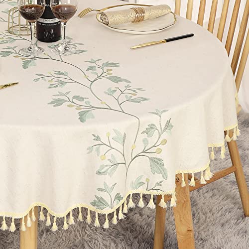 SUCHDECO Tischdecke Rund 140 cm Abwaschbar Leinen Baumwolle Beige Tischtuch Knitterfrei Staubdicht mit Grüne Gestickte Blätter, Quasten für Küche, Esszimmer, Esstisch, Couchtisch, Gartentisch Cover