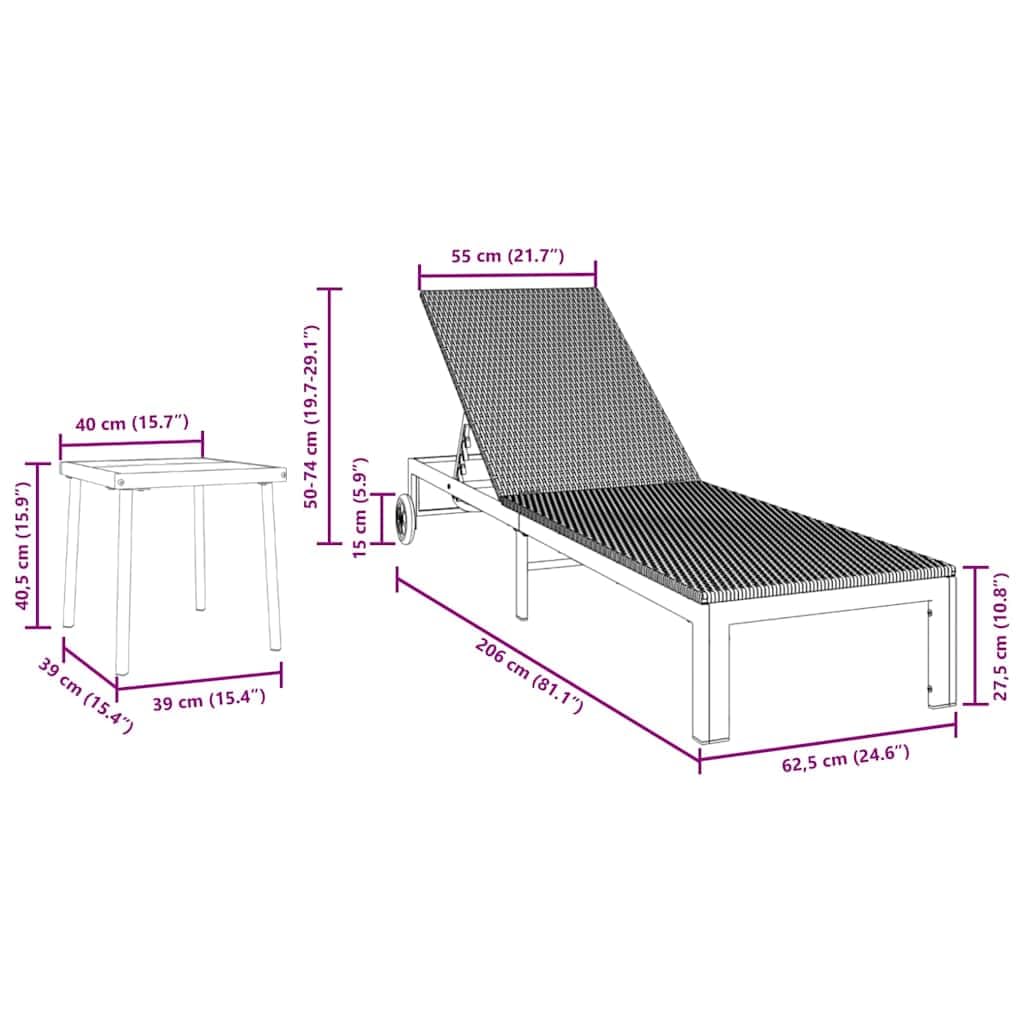 Leżak 2-osobowy, brązowy, polirattanowy ze stołem, regulowany i odporny na warunki atmosferyczne, 206 x 62,5 x 74 cm, ergonomiczny i stabilny, do ogrodu, na taras i do wypoczynku na