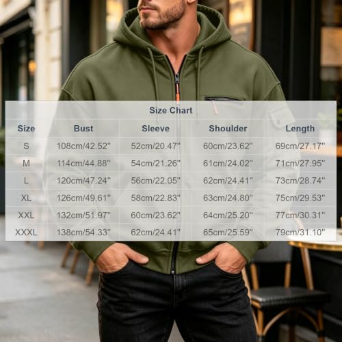 Mens Full Zip Utility Hoodie Chest Zip Sleeve Pocket Casual Travel Jacket - image 5