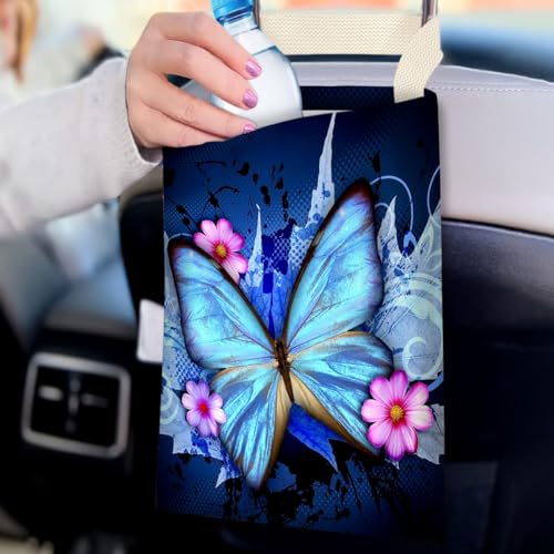 Image of Car Trash Bag Hanging No Snap Small Garbage Bag for Car Back Seat Cute Printed One-handed Strap Trash Bags Car Accessories-Blue Butterfly Car Trash Bags