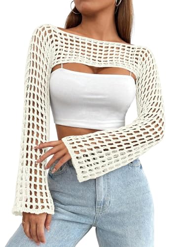 Womens Crochet Shrug Y2K Hollow Out Bolero Shrug Cropped Knit Sweater Top Beach Cover Ups