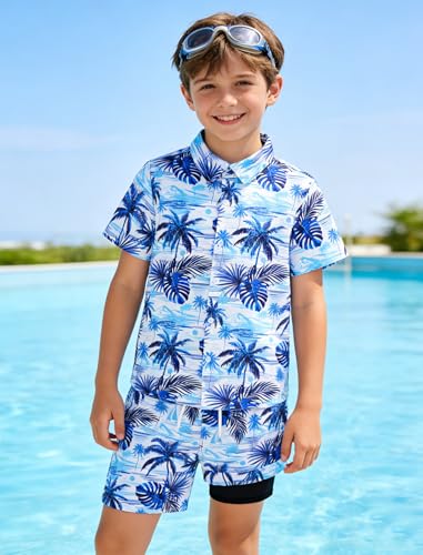 Image of UNICOMIDEA Boys Hawaiian Outfits Tropical Print Button Down Shirt + Swim Trunks 2 Piece Sets for 5-12T Kids