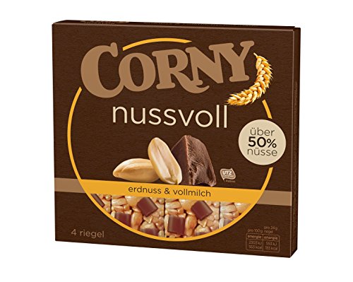 Corny Nueces de cacahuete y leche entera, 4 unidades, barritas de nueces con más del 50% de nueces, 6 unidades (6 x 96 g)