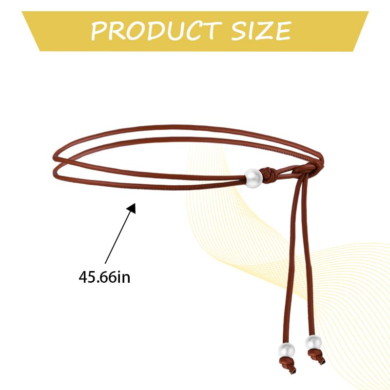 Brown Pearl Rope Leather Belt with Imitation Pearl Accents Adjustable Tie Waist Belts for Womens Simple Skinny Thin Leather Belt for Dresses Skirts Pants Women Minimalist Boho Accessory​3