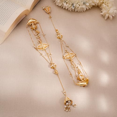 Image of Rubans Long Jhumka Earrings with Ear Chain Pearl Beaded Traditional Wedding Jewellery Gift for Women & Girls