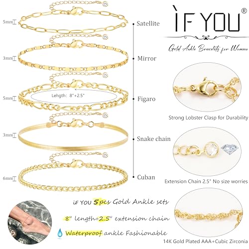 Luxurious 14k Gold Plated Cuban Link Anklet Set for Women - Adjustable, Waterproof Layered Bracelets - Beach Gifts & Everyday Elegance - Image 4