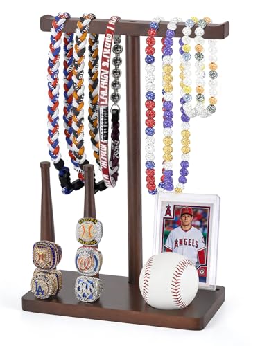 Mkono Wooden Baseball Drip Necklace Organizer Holder Championship Ring Display Holder Baseball Display Softball Ring Holder Baseball Gift for Boy Team Player Men Home Bedroom Decor
