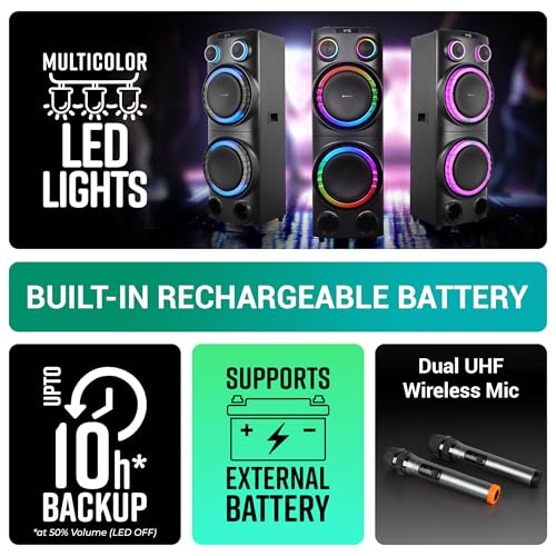 Image of ZEBRONICS VOX DJ Party Bluetooth Speaker, 220W, Upto 10h Playback, Karaoke & Record, BT v5.3 | TWS | USB | 2X Mic Input | Aux | SD | FM, Multicolor LED, 2 x 12 Drivers, Dual UHF Wireless Mic