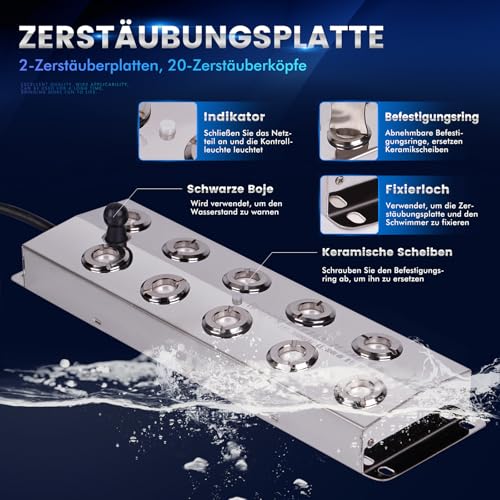 MOGOULUA Nebelmacher 20 Kopf 14L/H 2 in 1 Ultraschall Nebelgerät mit 720W Wasserdichtem Netzteil Schweres Nebelgerät Innenhof Nebel Luftbefeuchter Teich Nebelgerät für Gartenbau Gewächshauslandschaft