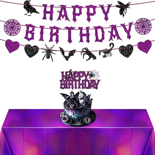 Purple and Black Birthday Decorations, Halloween Birthday Party Decorations Gothic Decor, Black Purple Glitter Spooky Photo Booth Prop Backdrop for Girls, Gothic Inspired Party Supplies Set Include Banner, Cake Toppers, Tablecloth 54" x 108"