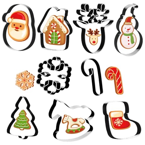 Christmas Cookie Cutters - 9 PCS Christmas Party Favors Decorations Kit Shaped in Santa Snowman Cane Candy |Stainless Steel Navidad Stroking Stuffers Food Gingerbread Baking Press Supplies for Kitchen