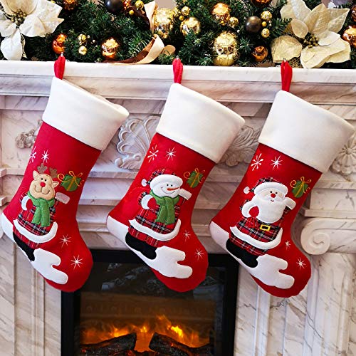 BSTAOFY 3 pcs Christmas Stockings Santa Claus Reindeer Snowman in Plaid Suit with Gift Box Socks for Assorted Xmas Tree Hanging Decor Party Ornaments Family