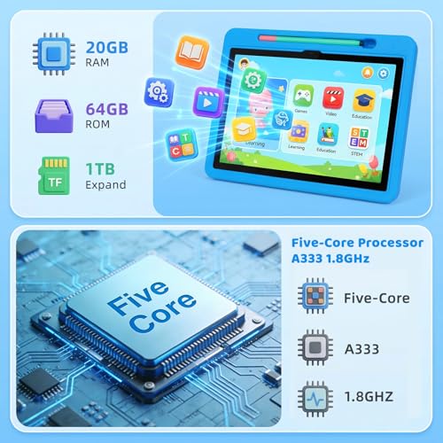 Image of 2026 Upgraded Android 16 Kids Tablet, 10 inch Tablet for Kids with 20GB RAM 64GB ROM 1TB Expand, 6000 mAh Battery, Parental Control, UKIDOZ Kids Space, Widevine L1 HD, Protective Case Pen（Blue）