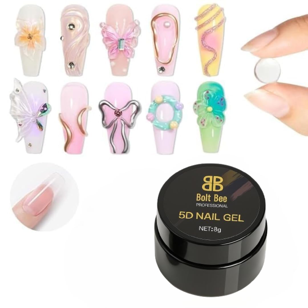 Bolt Bee 5D Nail Sculpting Gel, Clear Builder for 3D Art, Molding & Emboss Design, UV LED Curable, Gel Form, Raised Patterns, Chrome Metallic Glitter and Glossy Finishes (5D clear)-image-43