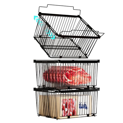 Image of ANJUBAN Large Freezer Organizer Bins，Upgraded Bottom Leak-Proof net，Fit 5 to 9 Cu Ft Chest Freezer，3 Pack， Expandable Stackable Chest Freezer Containers with Handle (Black-3Pack)