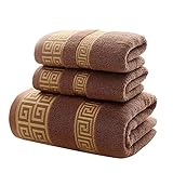 XHSP 100% Cotton Highly Absorbent Embroidered Towels 3-Piece Towel Set Hotel Bath Towel, 1 Bath Towels, 2 Hand Towels Extra Thick Beach Bath Towels (Brown)