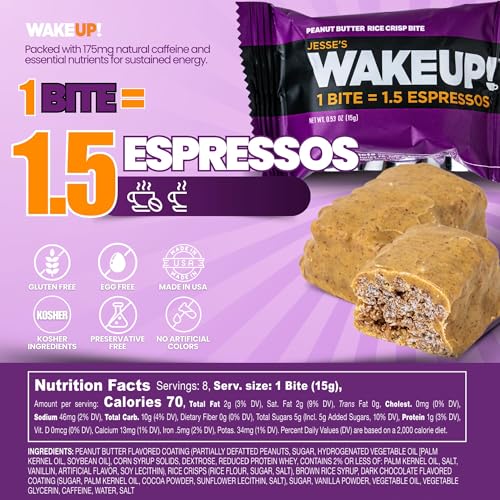 Image of WAKE UP! Peanut Butter Caffeinated Protein Bites (1 Bite = 1.5 Espressos) 175mg Clean Caffeine for Energy, Kosher Ingredients, Vegetarian, Free Energy 3 Pack (24 Bites)
