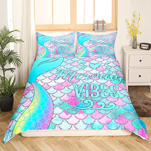 Girls Fish Scale Duvet Cover Set Full Size Mermaid Fish Scale Bedding Set For Kids Boys Women Watercolor Mermaid Comforter Cover Sea Animal Bedspread Cover With 2 Pillow Cases, Zipper, Purple Blue #TOP1