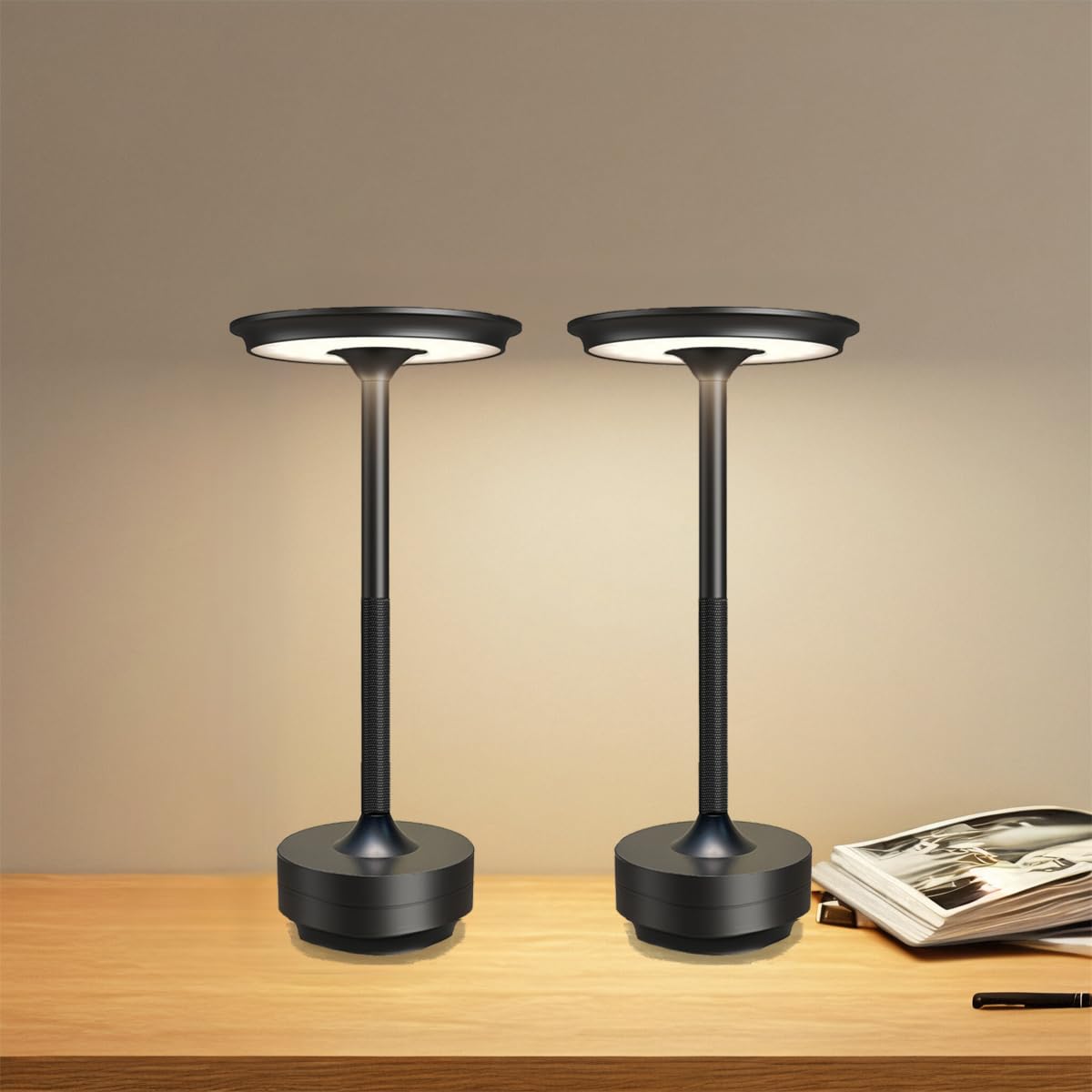 Ecolume Kabellose Tischlampe, LED, tragbar, batteriebetrieben, dimmbar, stufenlos, 3-farbige LED mit Memory-Funktion, tragbar für Heimbüro/Abendessen/Restaurant/Wohnzimmer (Schwarz & 2er-Pack)
