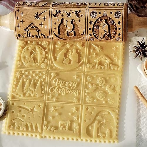 Embossing Rolling Pin,Wooden Rolling Pin,Christmas Wooden Rolling Pin,Engraved Rolling Pins,With wooden handle,Suitable for Baking,Mini Pastry Dough Rolling Pin,Ideal for Patisserie and Dough Products