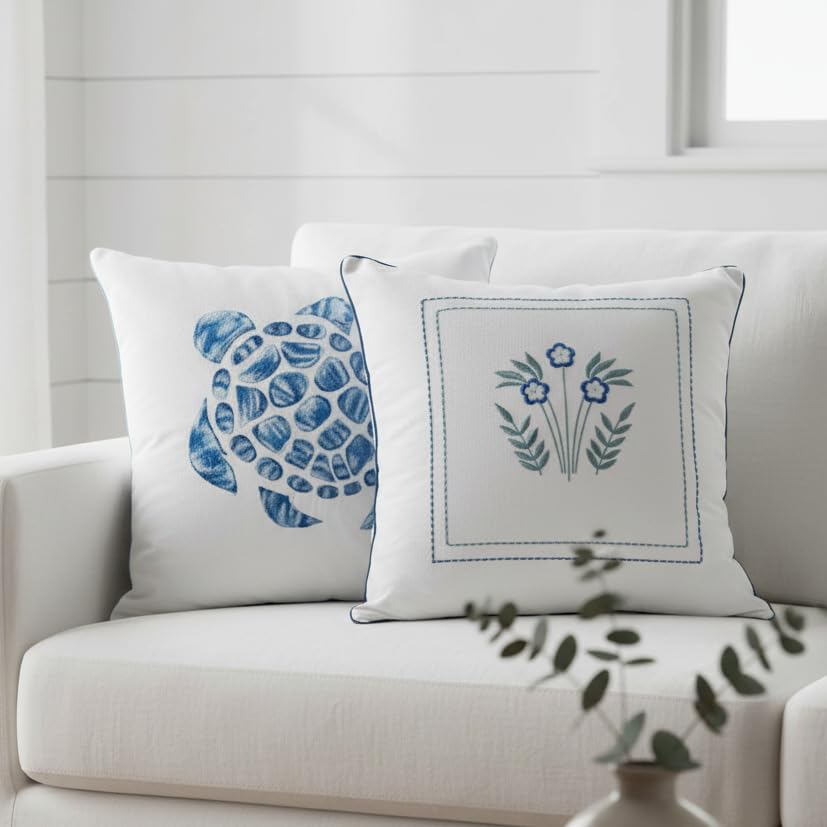 Image of Coastal Essence White & Blue Embroidered Cushion Cover Set of 2