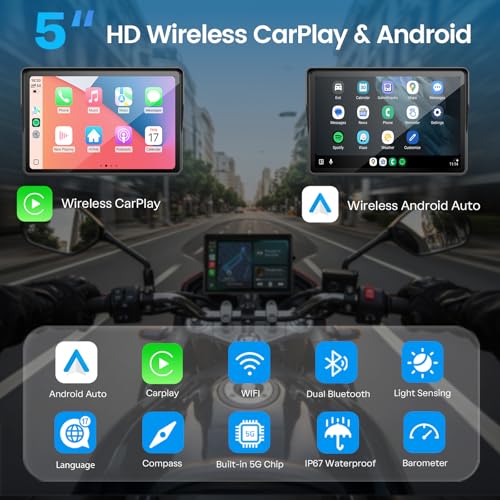 Image of WonVon Motorcycle CarPlay Screen with Android Auto - 5 inch Waterproof GPS, Pantalla para Moto, Apple CarPlay, Navigation System for Motorcycle, Dual 2K Dash Cam Bluetooth Audio & TPMS (No SD Card)