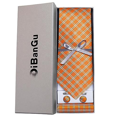 Image of DiBanGu Plaid Ties for Men Silk Checkered Necktie and Pocket Square Cufflinks Tie Clip Set with Gift Box for Wedding Business