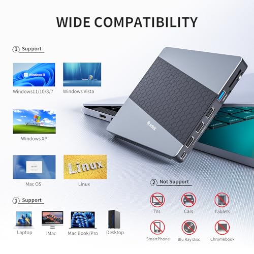 Image of SUIDEK External CD DVD Drive, USB 3.0 USB C Portable CD DVD Drive for PC | + /-RW Burner DVD Player for Laptop with SD /Micro SD Card Reader 8 in 1 Hub Compatible with Laptop Mac PC Windows Linux