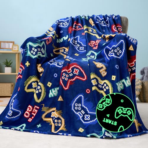 Joiedomi Glow in The Dark Gaming Blanket Gamer Gifts for Boys Age 2 3 4 5 6 7 8 9 10 11 12 Year Old, Soft Cozy Flannel Kids Throw Blanket, Birthday Bedroom Decor Dark Blue 50"×60"