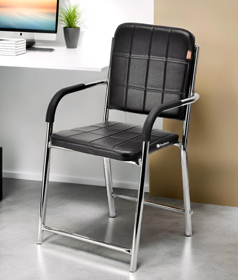 Office Chair Visitor Chair with arm Rest with Steel Frame and Cushioned seat Back, Chair Without Wheels Holds up to 110 kg Heavy Design (1, Black, Standard) Office Chair Visitor Chair with arm Rest with Steel Frame and Cushioned seat Back, Chair Without Wheels Holds up to 110 kg Heavy Design (1, Black, Standard)