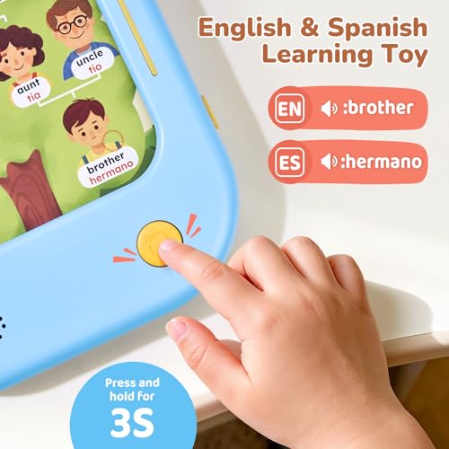 Image of JoyCat Bilingual Kids Learning Tablet, 106 Pages Spanish & English Talking Cards with 20 Interactive Games, Montessori Toy for Alphabet, Words, Numbers, Colors & Songs, Learning Gifts for Toddler 2-6