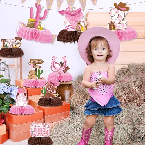 Image of This Ain't My First Rodeos It's Second 2nd Birthday Decorations | 9 Pcs Cowgirl Honeycomb Centerpieces Pink Western Two Years Old Party Supplies for Girl Photo Backdrop Table Decor