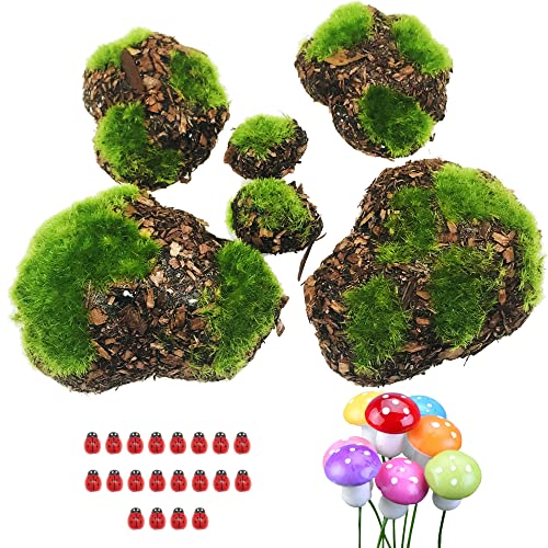 Woohome 36 PCS Artificielle Moss Rocks Mousse Artificielle Rocks Décoratifs, 6 PCS Sciure Artificielles en Mousse Moss et Simulation Coccinelle, Champignon DIY pour Décoration de Jardin Vert