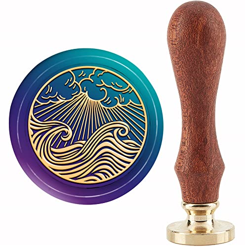 CRASPIRE Sun Wax Seal Stamp Waves Sealing Wax Stamps 30mm Retro Vintage Removable Brass Stamp Head with Wood Handle for Invitations Cards Gift Wrapping