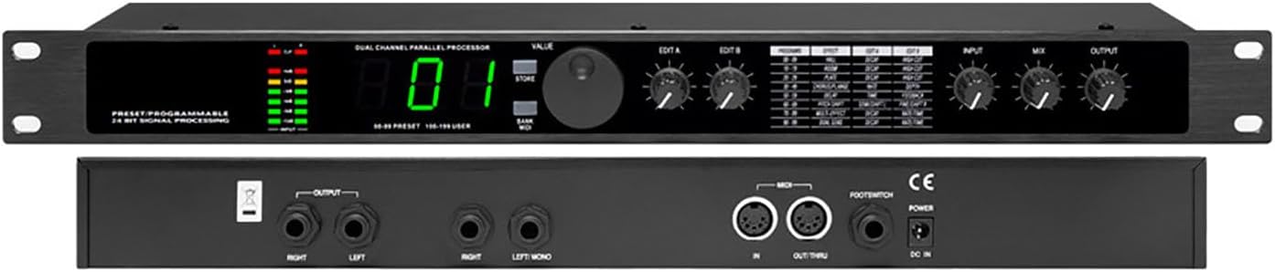 Professional Audio Processor Equalizer, Digital Reverb DSP Processor, Preset/Programmable 24 Bit Signal Processing, 99 Preset Programs, 199 Sound Effects Memory, Automatic Noise Reduction for Recordin