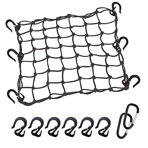 Thewinio Cargo Net 15"x15" Stretches to 30"x30" with Thicken Hooks | Natural Latex Core, Tight 2”x2” Mesh Small Heavy Duty Bungee Net for Motorcycle Helmet, Bike, ATV, UTV, Luggage (Black, 1 Pack)