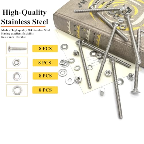 Image of 8 Sets 1 /4 inch-20 x4 Carriage Bolts Round Head Square Neck Screws with Hex Nuts Flat Washers Spring Lock Washers 304 Stainless Steel Full Thread Coverage Square Neck Bolts Assortment Kit