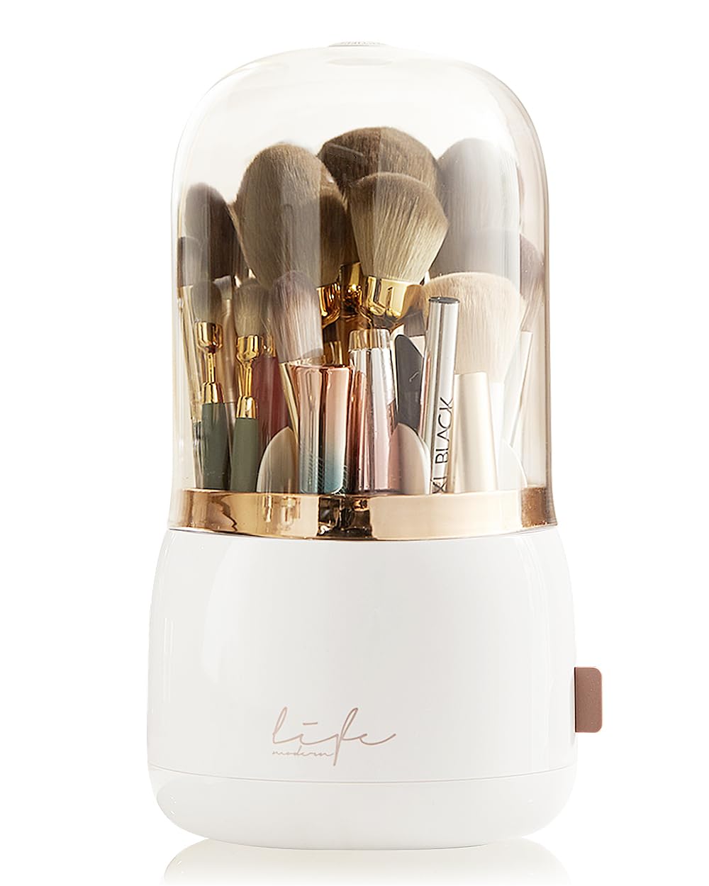 Lebenrich Rotating Makeup Brush Holder Organizer with Lid, Spinning Brush Holder Makeup Organizer with Clear Cover, Acrylic Cosmetics Make Up Brushes Storage Cup Container for Vanity (Pearl White)
