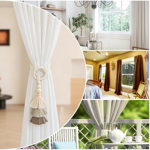SPRFAIRY 2PCS Boho Curtain Tiebacks with Tassel & Wooden Beads Handmade Wooden Ring Rope Curtain Tiebacks Drapery Curtain Holdbacks for Indoor Outdoor Drapes Decorative (Beige) - Thumbnail 7