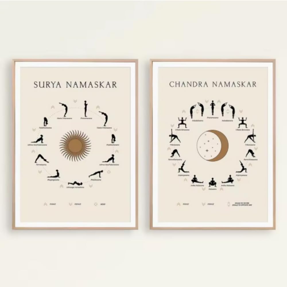 Hurcp White Set Of 2 Yoga Sun Moon Salutation Trendy Art Poster Yoga Lover Minimalist Painting Canvas Print Wall Home Decoration,30X40 Cm (11.8X15.8 In)