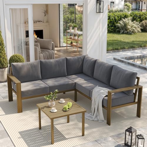 UDPATIO 6 Piece Patio Furniture Set, Faux Wood Metal Outdoor Sectional Sofa with 6