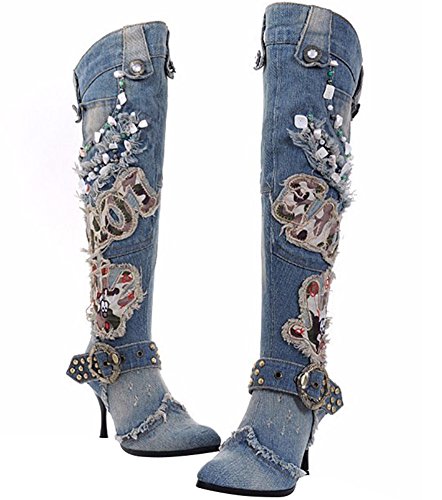 Lorie & Knight Women's Blue/Grey Jeans Knee High Boots Rivet Punk Stiletto Heel Pointed Toe Boots