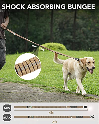 Joytale Tactical Dog Leash Heavy Duty,4-6Ft Shock Absorbing Bungee Dog Leash With 2 Padded Handle,Metal Carabiner Clip,Car Seatbelt,Strong No Pull Dog Leash For Medium Large X-Large Dogs,Coyote Brown #TOP4