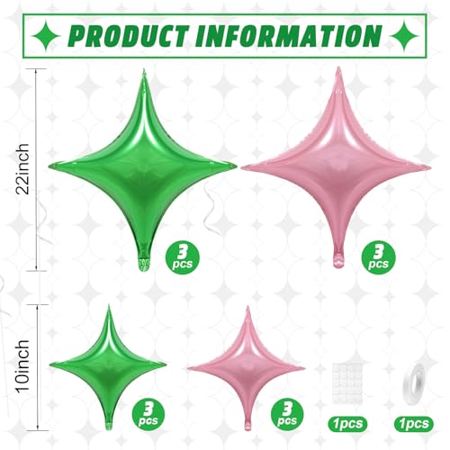 Image of Pink Green Star Balloons,12Pcs Four Angle Star Foil Balloons | 26Inch and 10Inch Pink Green Quadrangle Star Helium Balloon for Witch Birthday Baby Shower Party Decorations