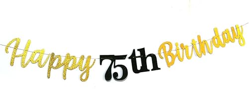 Miniatura 6 de Cartel de feliz cumpleaños 75 con purpurina, cartel de feliz cumpleaños 75 negro y dorado, suministros de decoración de fiesta de cumpleaños 75