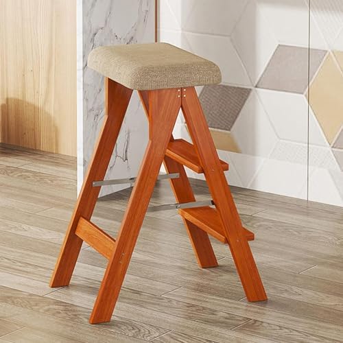 Wooden Folding Library Ladder Chair - Convertible Stool & Stepladder for Adults, Max Weight 100kg, Wine Red with Cushion, Portable Design & Flower Shelf Feature